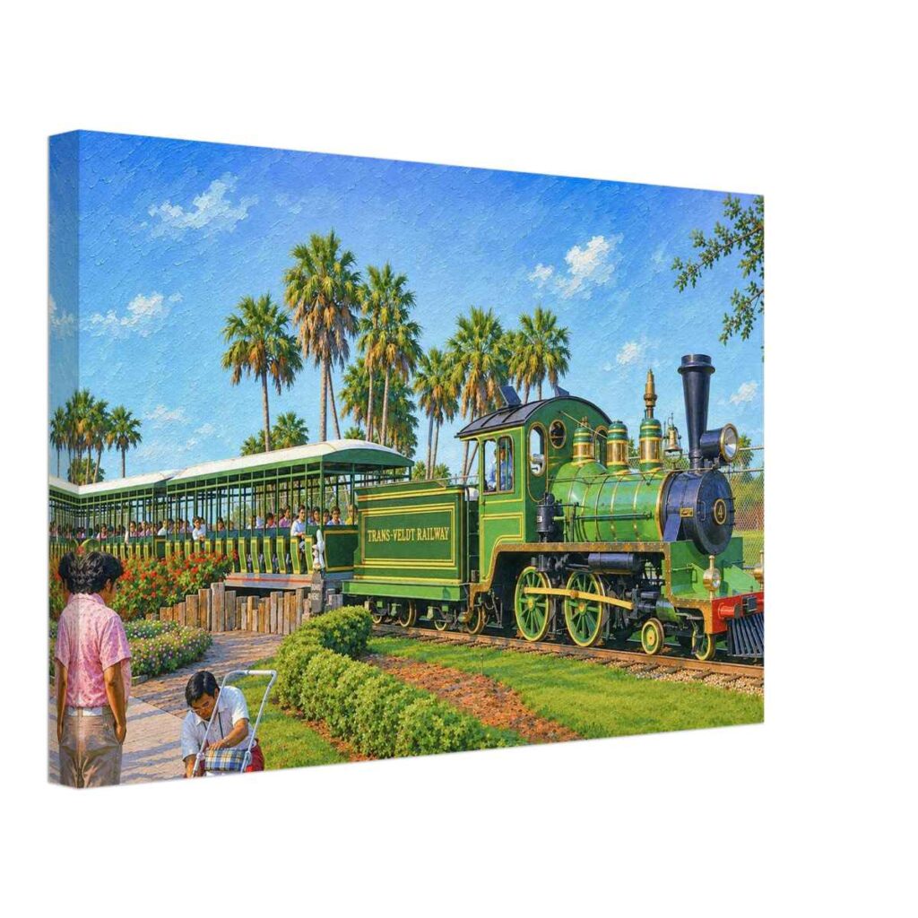 Painterly 1970s view of the Trans-Veldt Railway at Busch Gardens, Florida, with a green steam train, open passenger cars, palm trees and flowers.