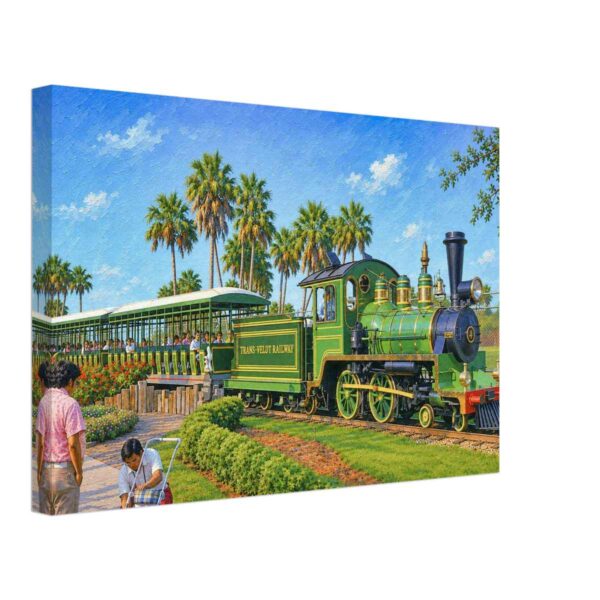 Trans-Veldt Railway, Busch Gardens, Florida 1970s - Canvas Print Painterly 1970s view of the Trans-Veldt Railway at Busch Gardens, Florida, with a green steam train, open passenger cars, palm trees and flowers.