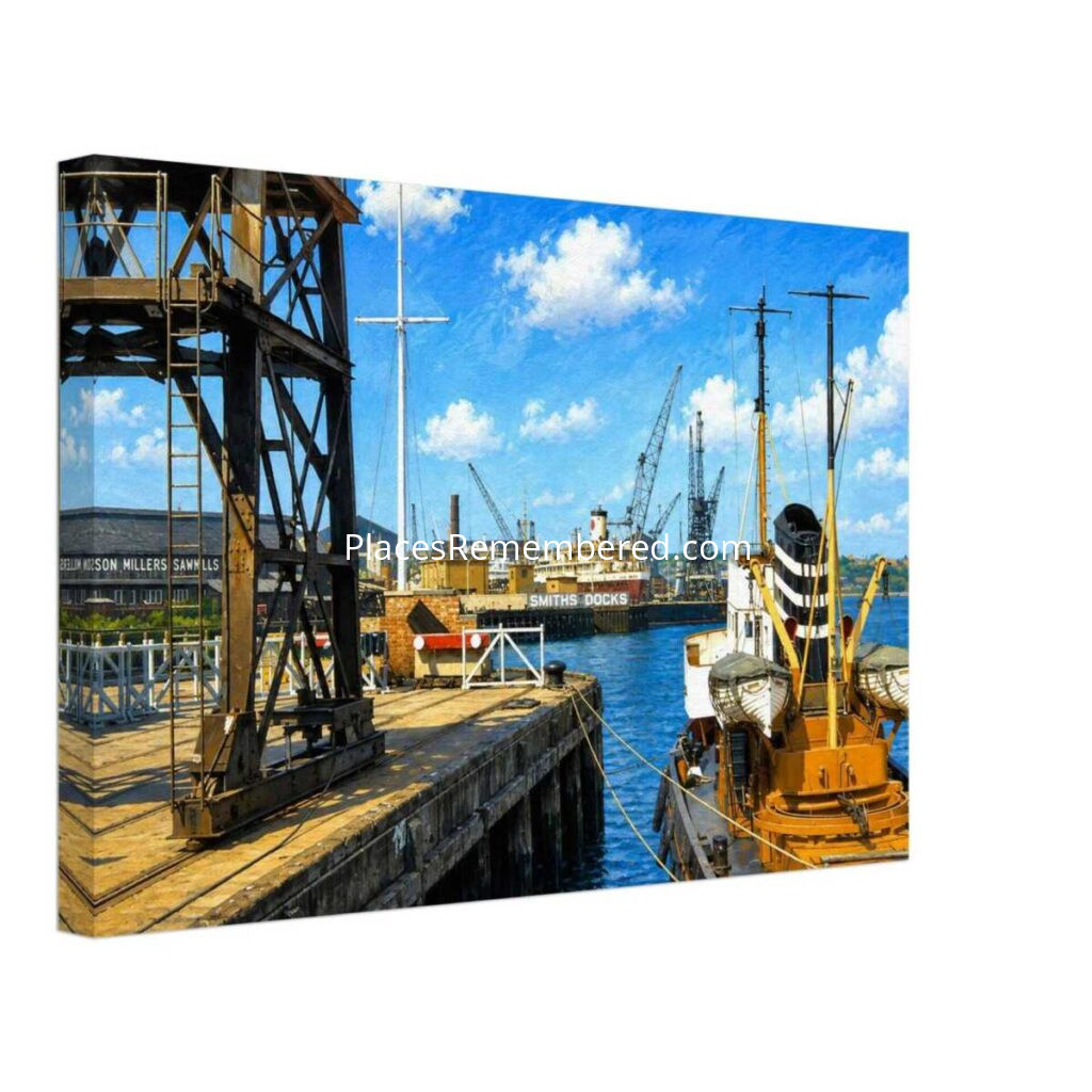 1950s view of Tyne Commission Quay in North Shields, England, showing dockside cranes, working vessels and Smith's Docks on the River Tyne, reimagined in a painterly style from a genuine vintage color photograph.