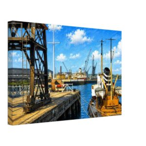 Tyne Commission Quay, North Shields, England 1950s - Canvas Print 1950s view of Tyne Commission Quay in North Shields, England, showing dockside cranes, working vessels and Smith's Docks on the River Tyne, reimagined in a painterly style from a genuine vintage color photograph.