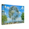 Unisphere and Fountains, New York World’s Fair 1964 – Canvas Print Painterly 1964 close-up view of the Unisphere and fountains at the New York World’s Fair, with crowds, trees and blue sky.