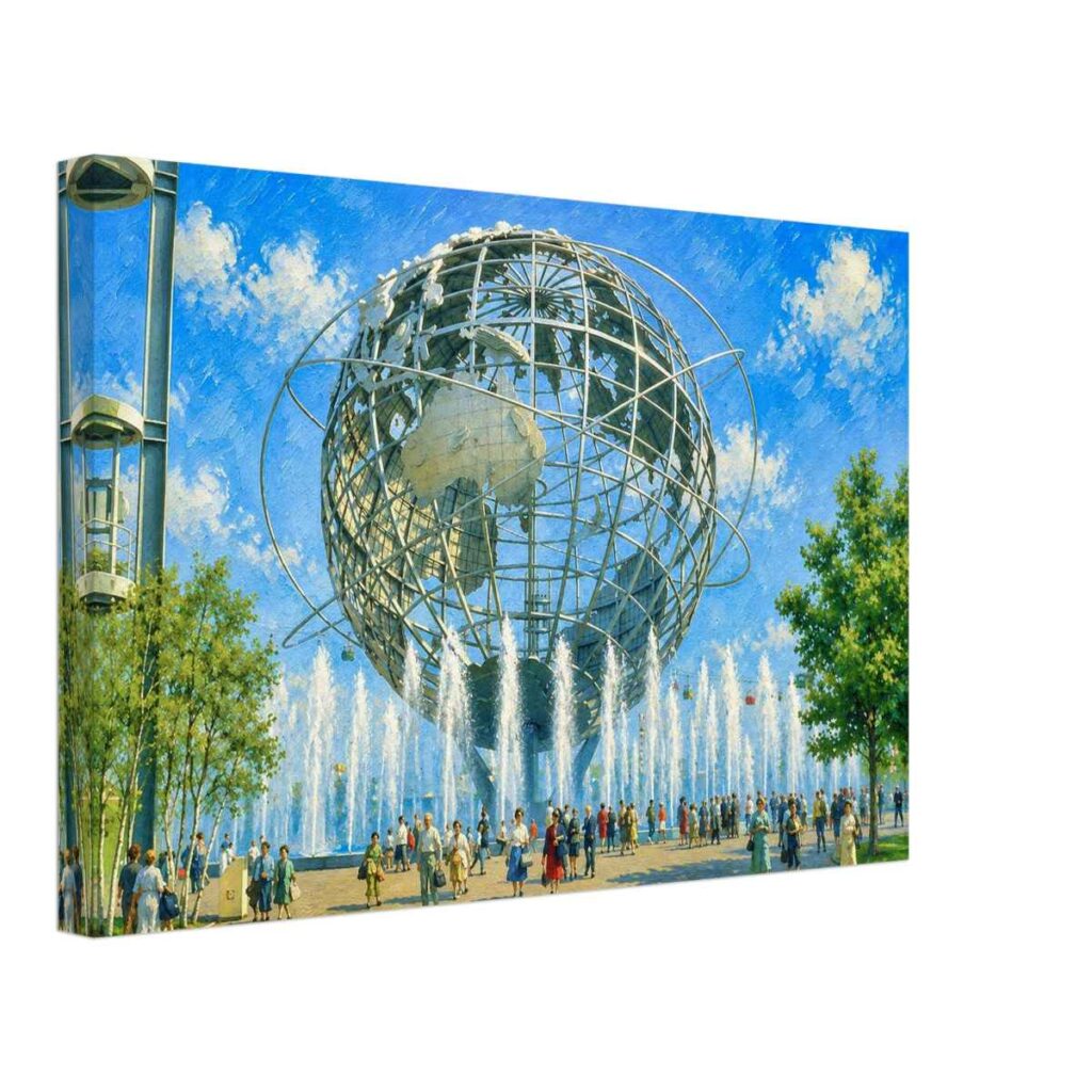 Painterly 1964 close-up view of the Unisphere and fountains at the New York World’s Fair, with crowds, trees and blue sky.