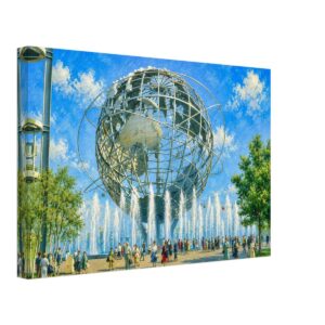 Unisphere and Fountains, New York World’s Fair 1964 – Canvas Print Painterly 1964 close-up view of the Unisphere and fountains at the New York World’s Fair, with crowds, trees and blue sky.