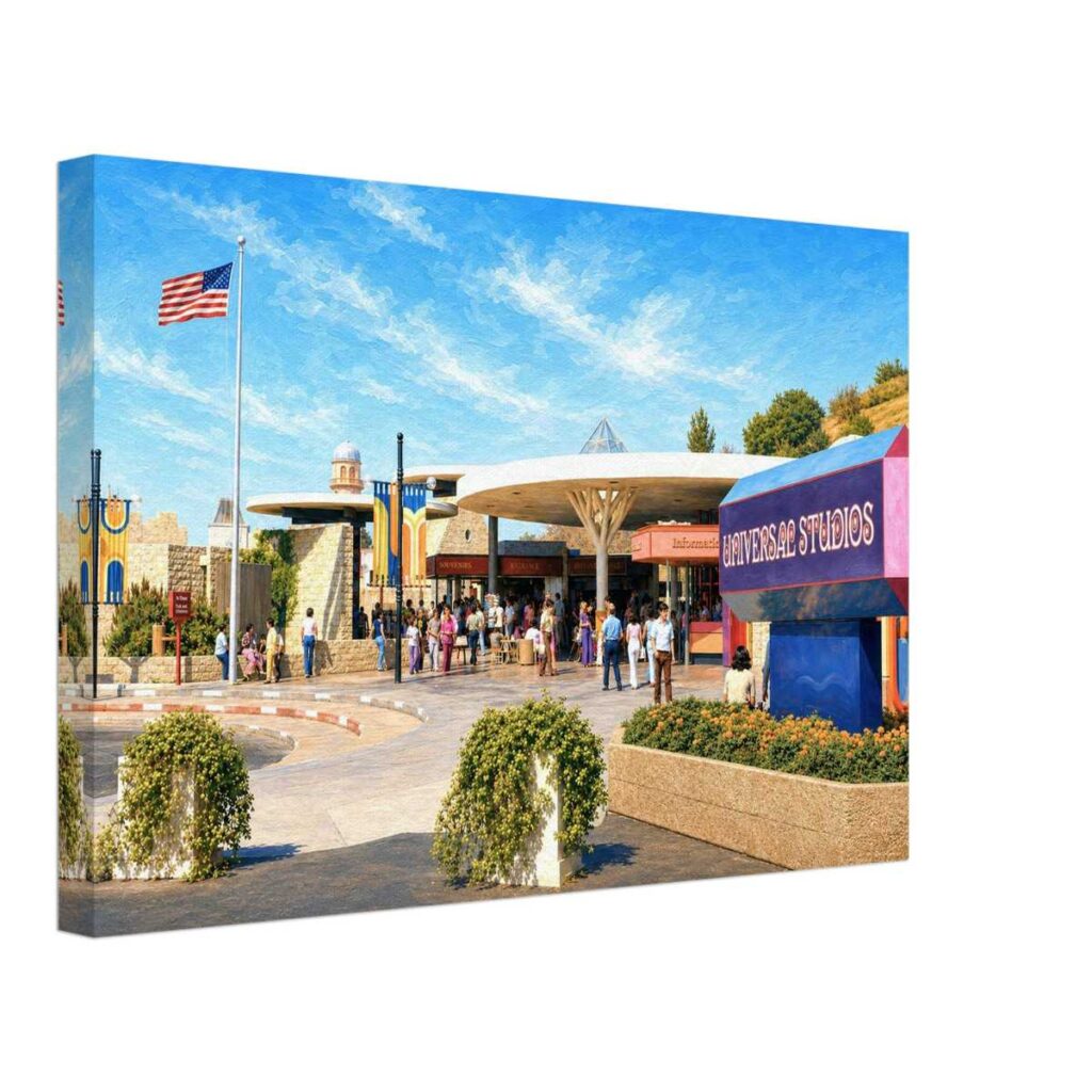 Painterly 1970s view of the main entrance at Universal Studios Hollywood, with visitors, Universal Studios sign, American flag, entrance canopy and landscaped planters.