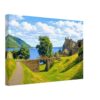 Painterly 1970s view of Urquhart Castle on Loch Ness in Scotland, with castle ruins, green slopes, stone walls, blue water and Highland hills.