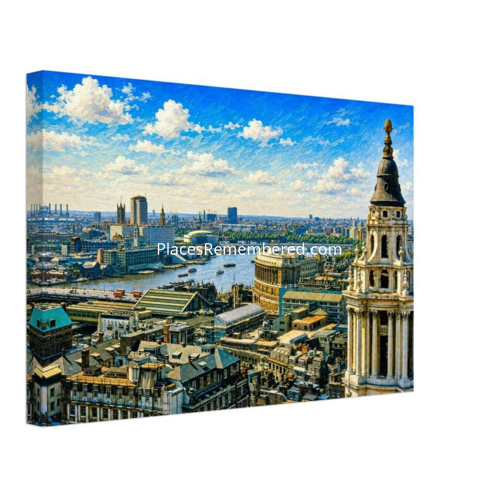 1960s panoramic view from St Paul's Cathedral overlooking the River Thames, Blackfriars Bridge and the London skyline, reimagined in a painterly style from a genuine vintage color photograph.