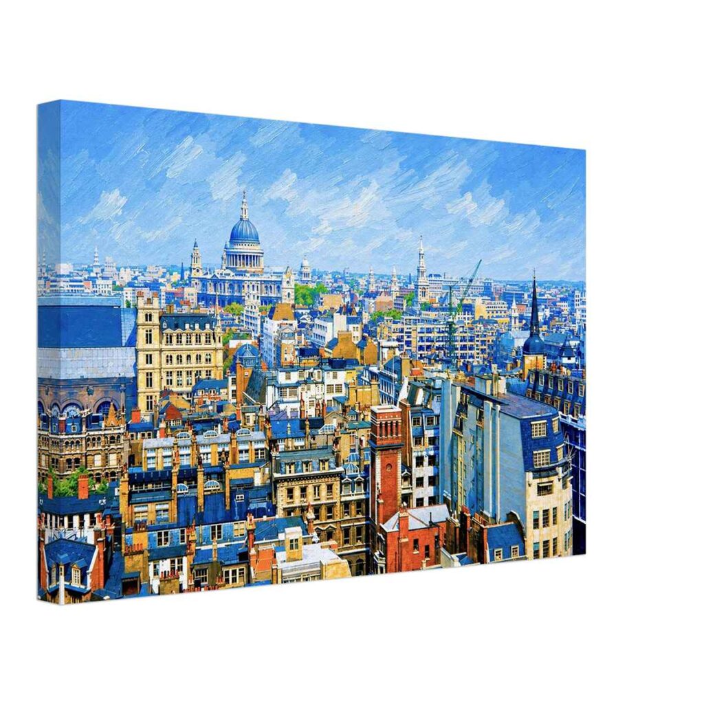 Painterly 1950s panoramic view from The Monument in London looking west across historic rooftops and church towers toward St Paul’s Cathedral.