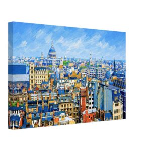 View from The Monument Toward St Paul’s Cathedral, London 1950s - Canvas Print Painterly 1950s panoramic view from The Monument in London looking west across historic rooftops and church towers toward St Paul’s Cathedral.