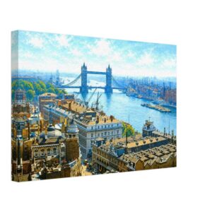 View from the Monument, Tower Bridge, London 1950s - Canvas Print 1950s panoramic view from The Monument looking east along the River Thames towards Tower Bridge, showing London's busy working docks, warehouses, cranes, ships, and historic riverside buildings, reimagined in a painterly style from a genuine vintage color photograph.
