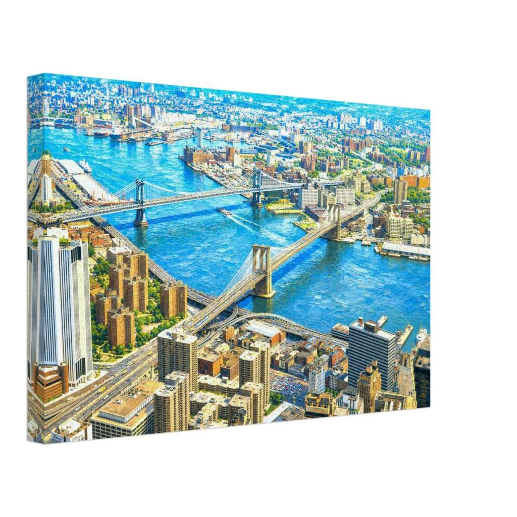 Painterly 1970s aerial view from the Twin Towers in New York City, showing the Brooklyn Bridge in the foreground, the Manhattan Bridge beyond it, the East River and Brooklyn skyline.