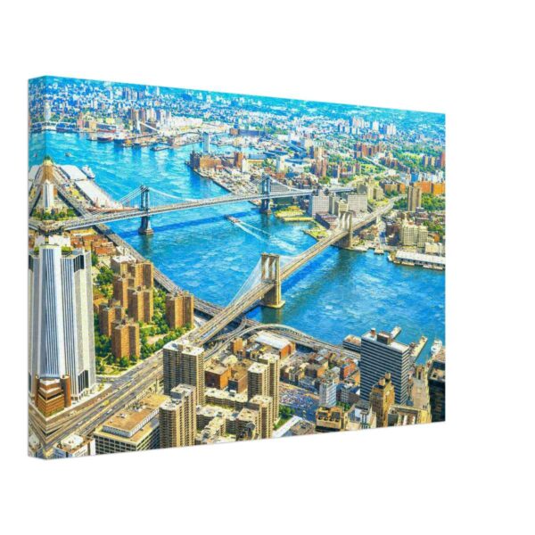 View from the Twin Towers, New York City 1970s – Canvas Print Painterly 1970s aerial view from the Twin Towers in New York City, showing the Brooklyn Bridge in the foreground, the Manhattan Bridge beyond it, the East River and Brooklyn skyline.