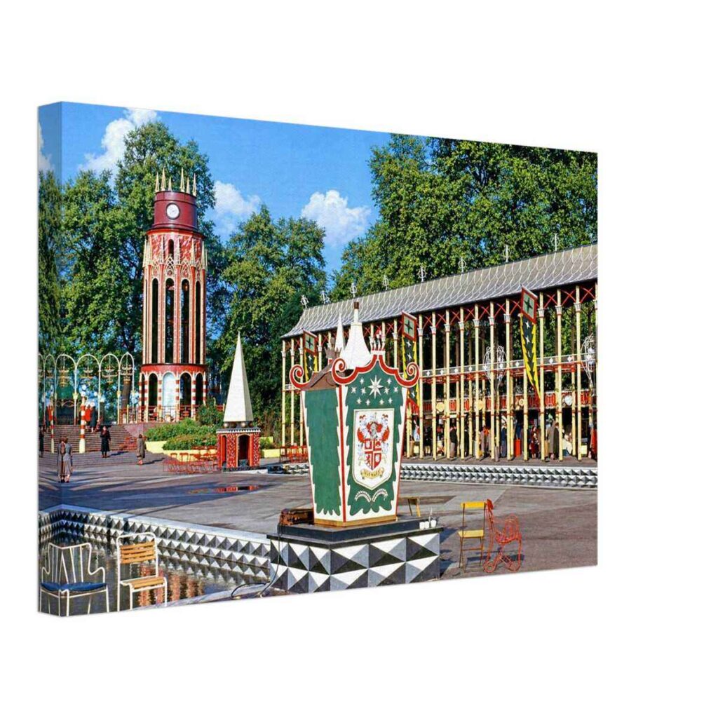 Vista Arcades and Gothic entrance tower at the Festival Pleasure Gardens, Battersea Park, London 1951 - Canvas Print