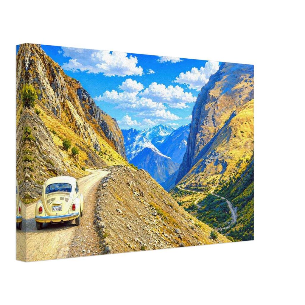 Volkswagen Beetle driving on a mountain road in the Peruvian Andes with winding valley and snow-capped peaks, 1970s - Canvas Print