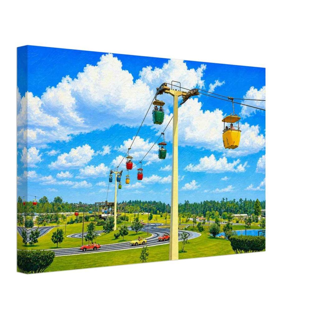 Walt Disney World Skyway gondolas passing above the Tomorrowland Speedway in Florida, 1970s - Canvas Print