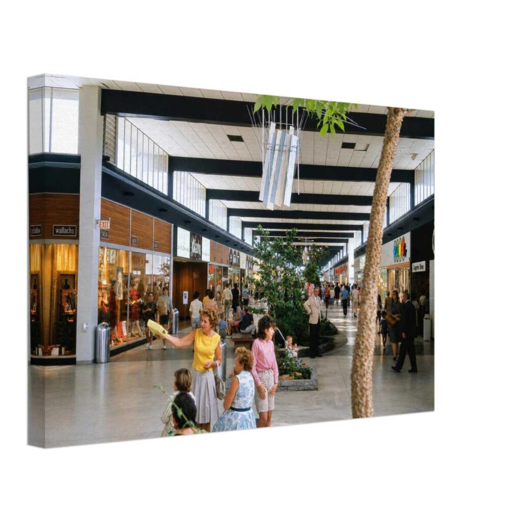 1960s interior of Walt Whitman Mall in South Huntington, New York, reimagined in a painterly style from a genuine vintage color photograph.