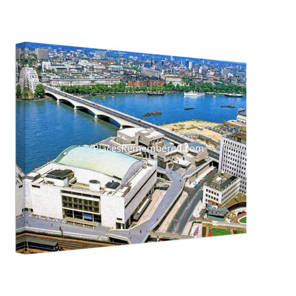 1960s panoramic view of the Royal Festival Hall and South Bank in London, with the River Thames, Waterloo Bridge, and the Palace of Westminster in the distance, reimagined in a painterly style from a genuine vintage color photograph.