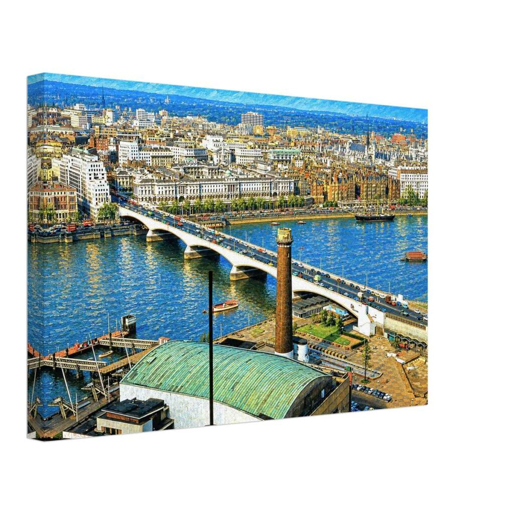 Painterly 1960s aerial view from the Shell Centre Tower showing Waterloo Bridge, the River Thames, Royal Festival Hall, the Shot Tower, boats, traffic and central London.