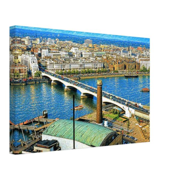 Waterloo Bridge and Royal Festival Hall, London 1960s - Canvas Print Painterly 1960s aerial view from the Shell Centre Tower showing Waterloo Bridge, the River Thames, Royal Festival Hall, the Shot Tower, boats, traffic and central London.