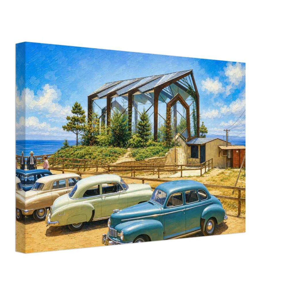 Painterly 1950s view of Wayfarers Chapel in Rancho Palos Verdes, California, with glass chapel architecture, ocean views, hillside greenery and classic cars.
