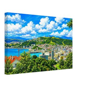 Wellington Harbour, New Zealand 1970s - Canvas Print 1970s painterly view of Wellington Harbour, New Zealand overlooking the city skyline and harbor - canvas print.