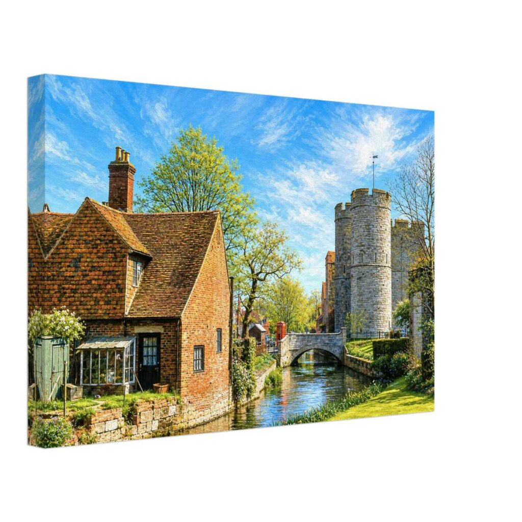 Painterly 1950s view of Westgate in Canterbury, Kent, with medieval stone towers, a red-brick cottage, river, bridge and garden greenery.