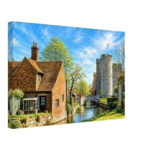 Westgate, Canterbury, Kent 1950s – Canvas Print Painterly 1950s view of Westgate in Canterbury, Kent, with medieval stone towers, a red-brick cottage, river, bridge and garden greenery.