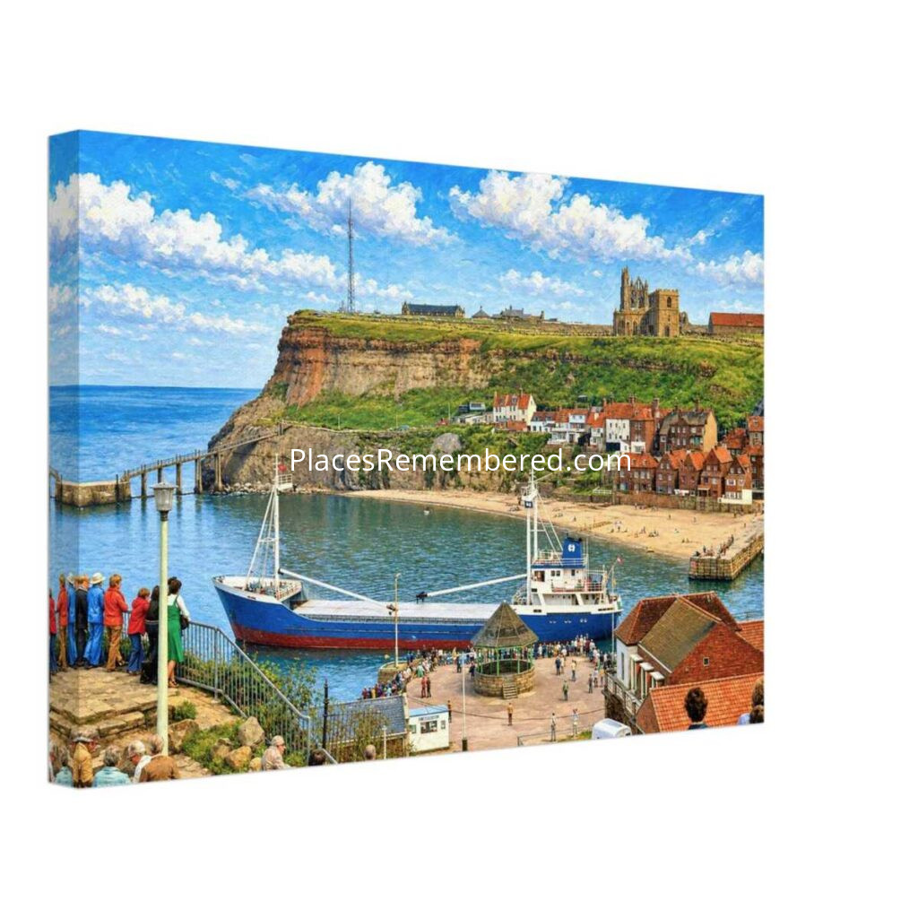 1970s view of Whitby Harbour in North Yorkshire, England, with a cargo ship entering the harbor beneath Whitby Abbey and the historic seaside town, reimagined in a painterly style from a genuine vintage color photograph.