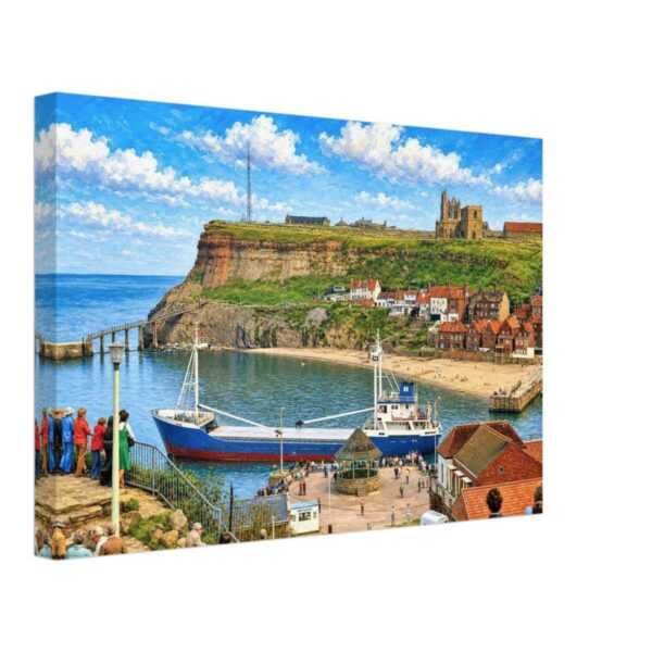 Whitby Harbour, North Yorkshire, England 1970s - Canvas Print 1970s view of Whitby Harbour in North Yorkshire, England, with a cargo ship entering the harbor beneath Whitby Abbey and the historic seaside town, reimagined in a painterly style from a genuine vintage color photograph.