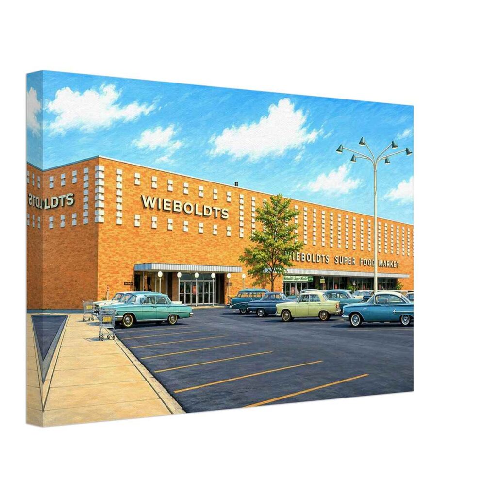 1960s painterly view of Wieboldt's department store at Randhurst Mall, Illinois with classic American cars - canvas print.