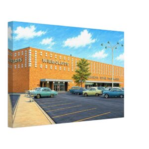 1960s painterly view of Wieboldt's department store at Randhurst Mall, Illinois with classic American cars - canvas print.