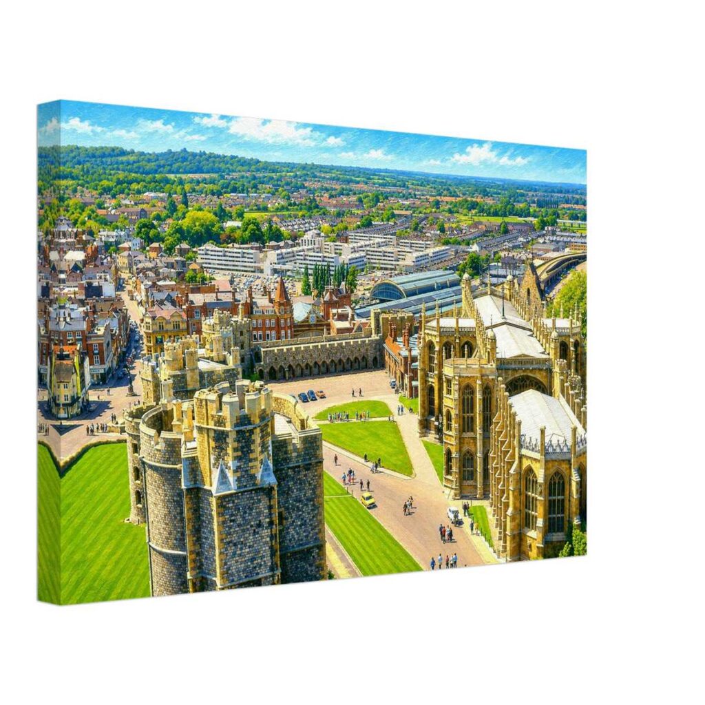Painterly 1970s aerial view over Windsor Castle in England, showing St George’s Chapel, the Round Tower, castle courtyards, lawns, visitors and the surrounding town.