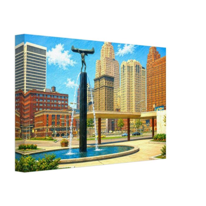 Cobo Hall and Spirit of Transportation, Detroit 1960s – Canvas Print caa7eb08-bf16-4150-953d-0db6c2045013