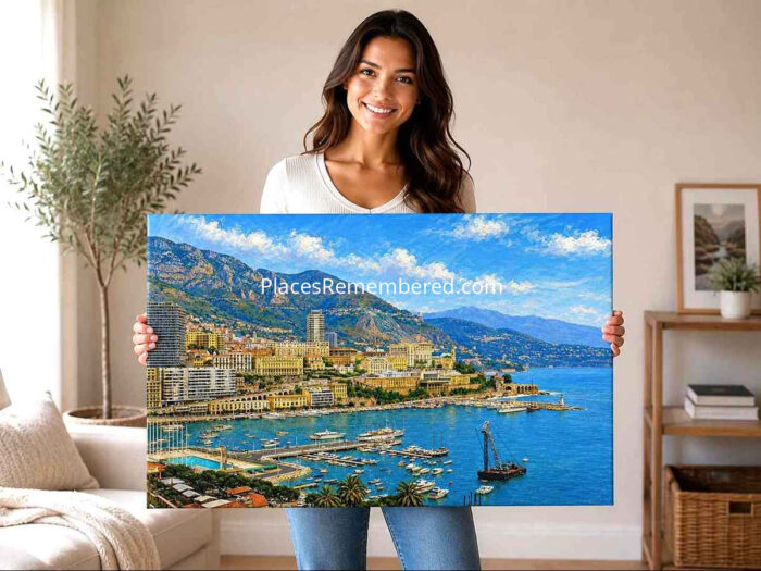 Monaco Harbor and Monte Carlo, Monaco 1960s - Canvas Print Monaco Harbor and Monte Carlo, Monaco 1960s - Canvas Print