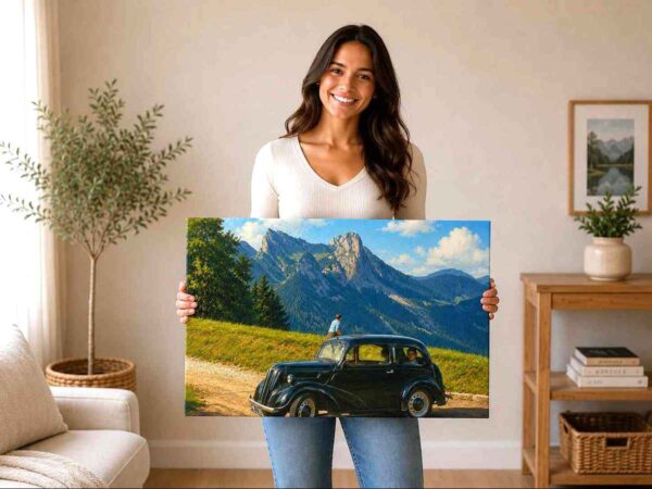 Ford Popular at the Mythen Mountains, Switzerland 1960s - Canvas Print Ford Popular at the Mythen Mountains, Switzerland 1960s - Canvas Print