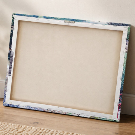 Rear view of a ready-to-hang canvas print with sawtooth bracket